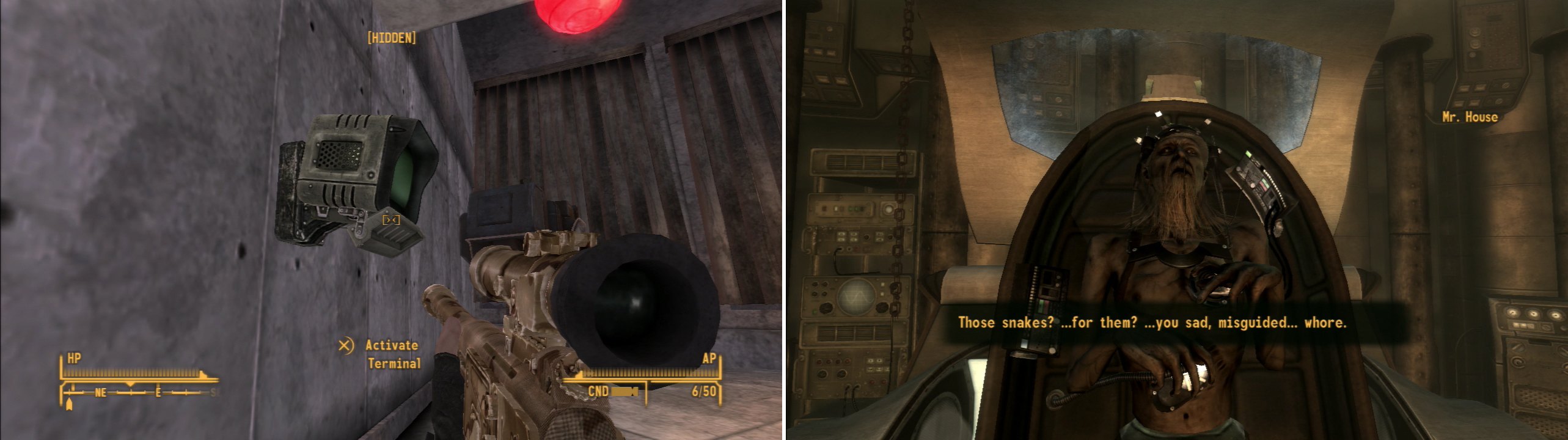 Break into Mr. House’s antechamber by using the Terminals in his Penthouse (left). Confronted, Mr. House has some… unkind words for you and the NCR (right).
