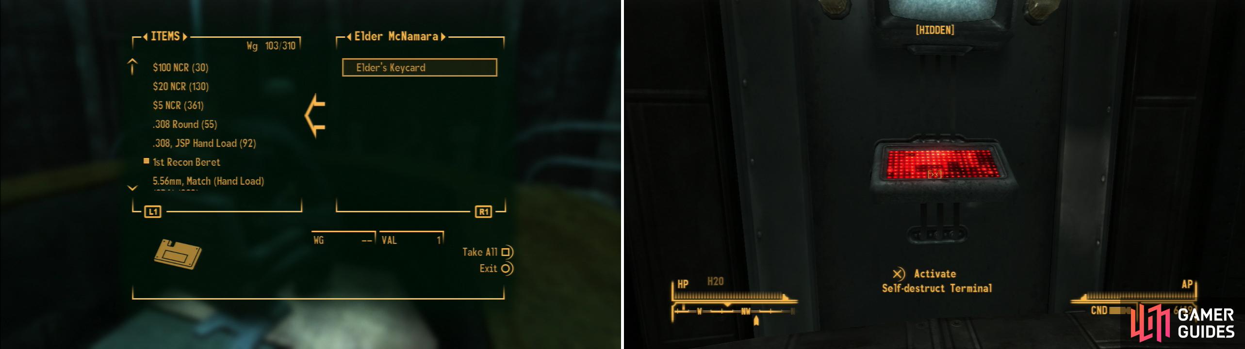 Steal each of the three Keycards you need to generate a self-destruct password (left). Then, with the password handy, activate the self-destruct terminal and put an end to the Mojave chapter of the Brotherhood of Steel (right).
