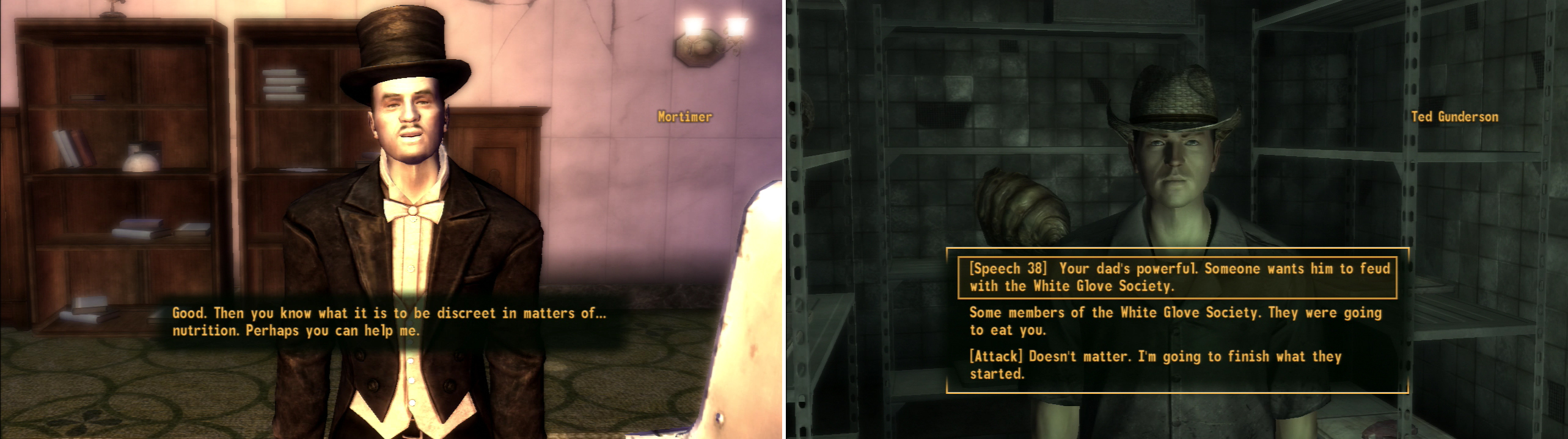 Gain Mortimer’s trust by passing a Speech check or by having the Cannibal perk and he’ll tell you about Heck’s son (left). Rescue Heck’s son and convince him the White Gloves aren’t responsible to keep Mortimer’s plot intact (right).