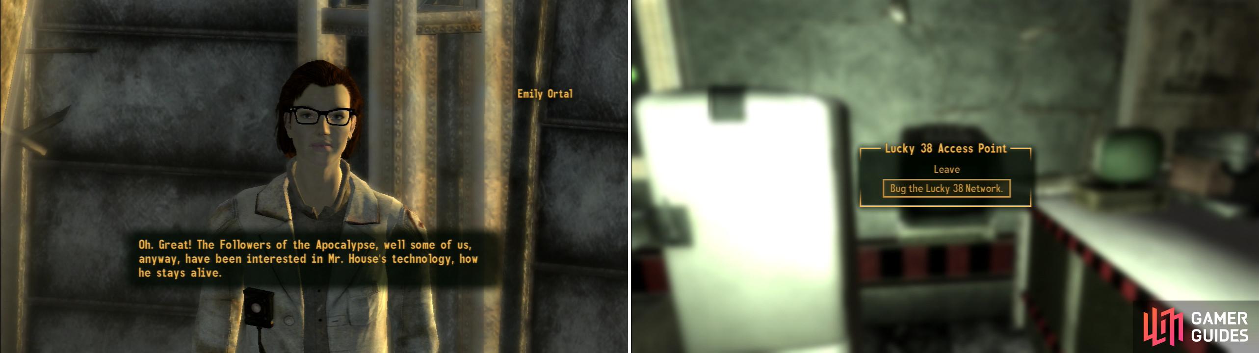 After meeting with Mr. House after the quest Ring-a-Ding-Ding, Emily Ortal will ask you to bug Mr. House’s mainframe (left). The terminal in the Casino level of the Lucky 38 is a fine target for this bug (right).