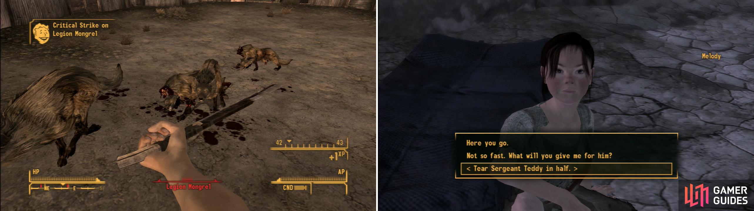 One of the ways you can recover Sergeant Teddy is by fighting several of Antony’s hounds (left). You can then give Sergeant Teddy back to Melody, or prepare her for some harsh Legion treatment (right).