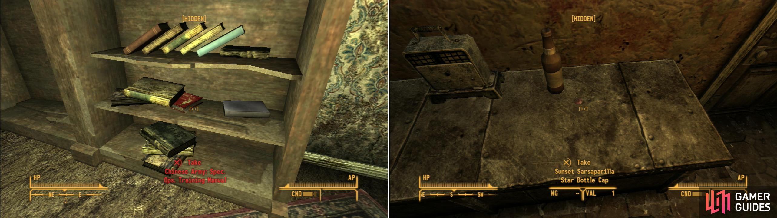 In one of the houses at Goodsprings you can find a Chinese Spec. Ops. Training Manual (left). Other, less notable loot can also be plundered from Goodsprings, too (right).