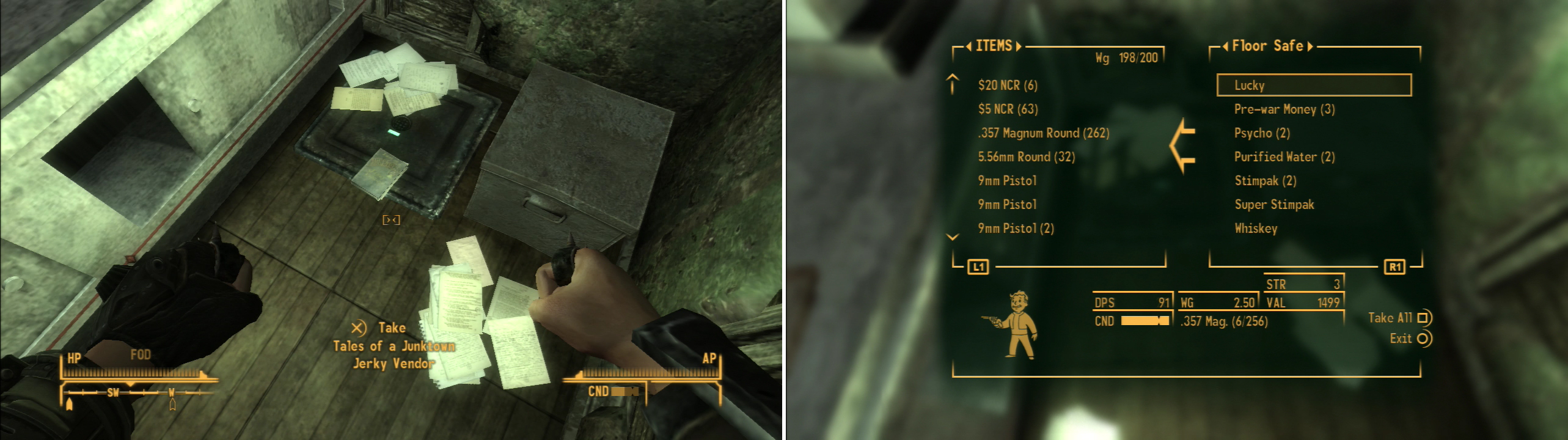 In the Bison Steve Hotel you can find a safe, atop of which is a copy of Tales of Junktown Jerky Vendor (left) and within which is the unique .357 Magnum, Lucky (right).