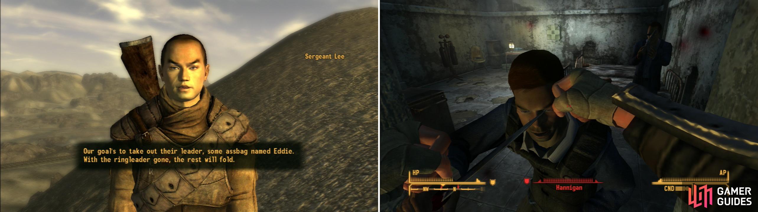 If you want to help clear the Powder Gangers out of the NCRCF, find Sergeant Lee in the hills near the prison (left). Help the NCR kill the Powder Gangers, using KO weapons to mitigate the Infamy you’ll gain (right).