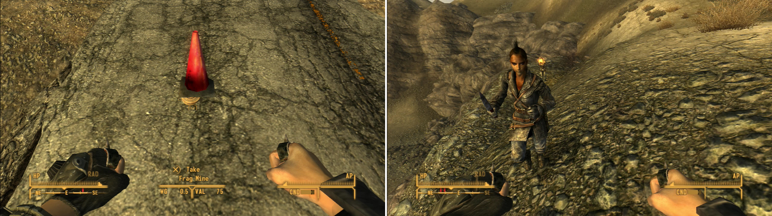 Be wary of traps hidden on the road (left). If you take to the hills, you can ambush the Viper Gangers who would otherwise have tried to ambush you (right).