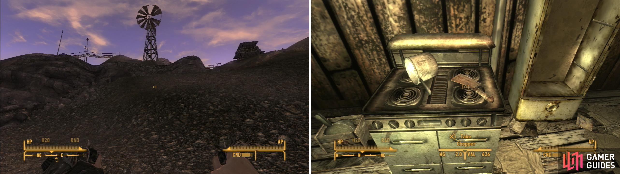 The windmill in the distance marks Wolfhorn Ranch (left). Inside a building you can find the unique weapon Chopper (right).