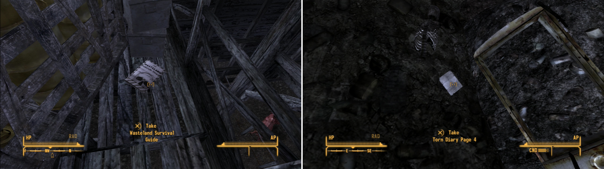 Find a copy of the Wasteland Survival Guide in the loft of the barn (left). The various diary page you find lying around reveal what happened at this farm (right).