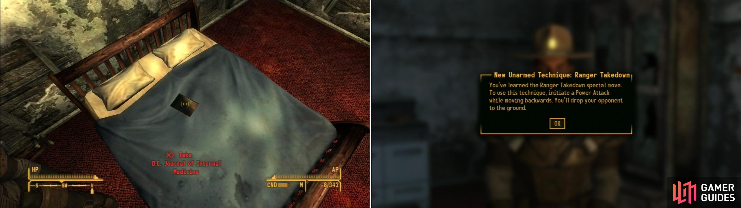 Grab the D.C. Journal of Internal Medicine from the bed in Ranger Andy’s Bungalow (left) and learn the Ranger Takedown technique from him (right).