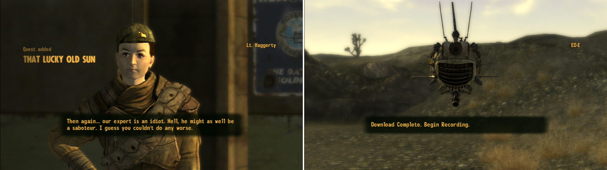 Talk to Lieutenant Haggerty outside to find out that all is not well with HELIOS One (left). Talking to the NCR Troopers outside of HELIOS One will trigger one of ED-E’s recordings (right).