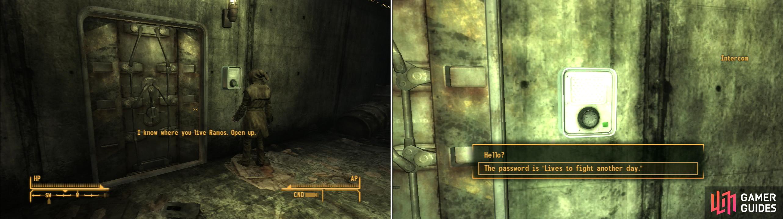 You can get into the Hidden Valley Bunker by bringing Veronica along (left) or you can use the password you found on the dead Brotherhood of Steel Paladins at the REPCONN Headquarters (right).