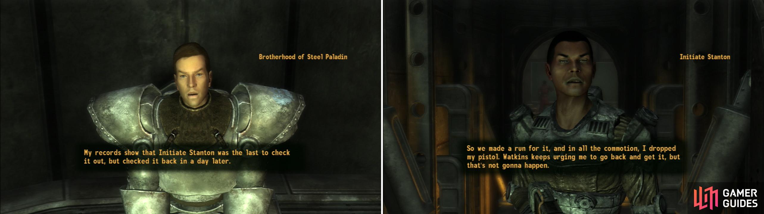 Talk to the overseeing Paladin at the shooting ranger to learn who had the Laser Pistol last (left). With this information, confront Initiate Stanton to get him to spill the beans (right).