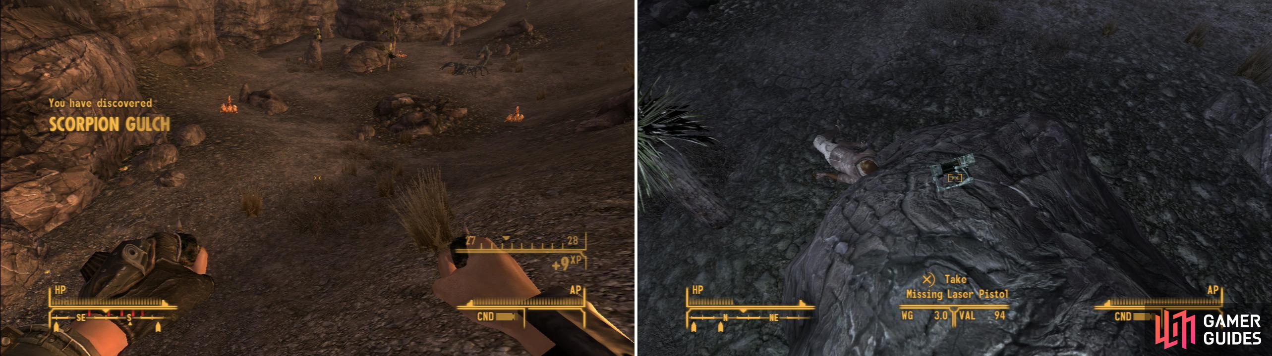 In Scorpion Gulch you’ll find… what else? Scorpions (left). On a rock you’ll find the misplaced Laser Pistol (right).