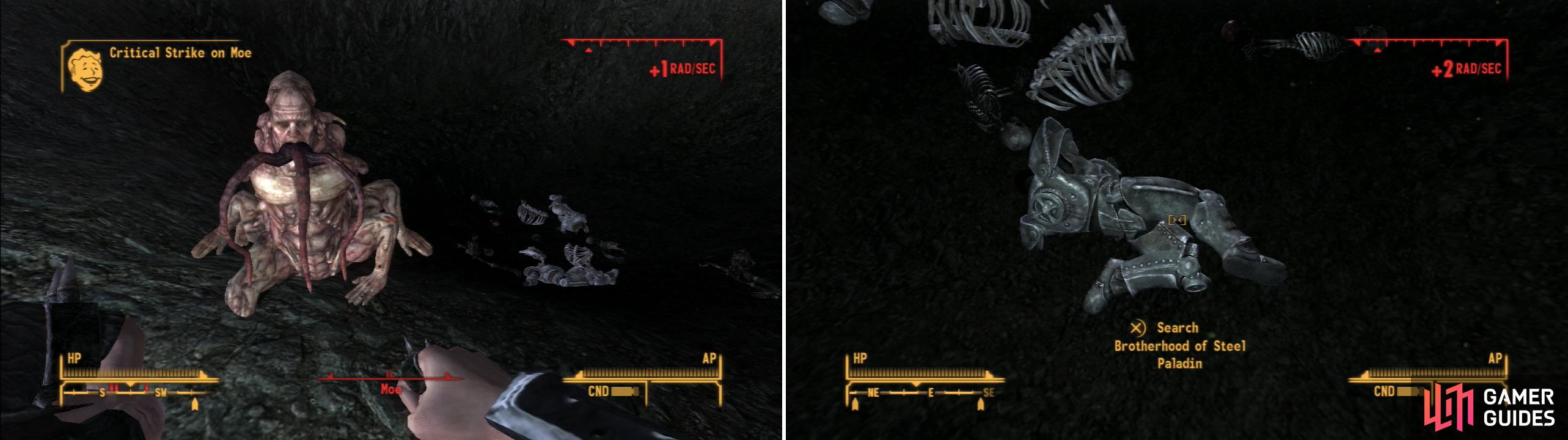 In a crater between Hidden Valley and Black Mountain, you can find the Centaur, Moe, and its pack (left). It seems that one of the Centaur’s victims includes one of the Brotherhood squads you’re looking for (right).