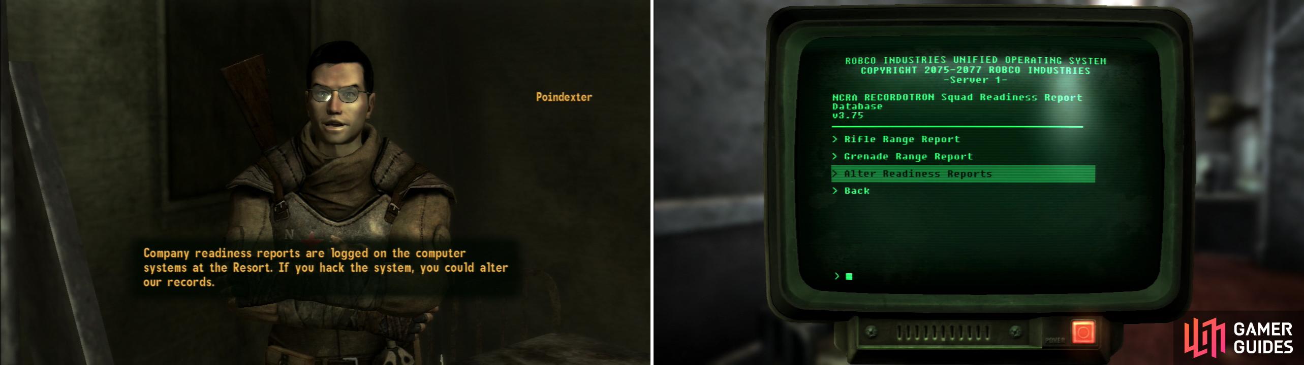 Poindexter has an under-handed way of improving squad performance (left); simply hack the terminal and raise their grades (right).