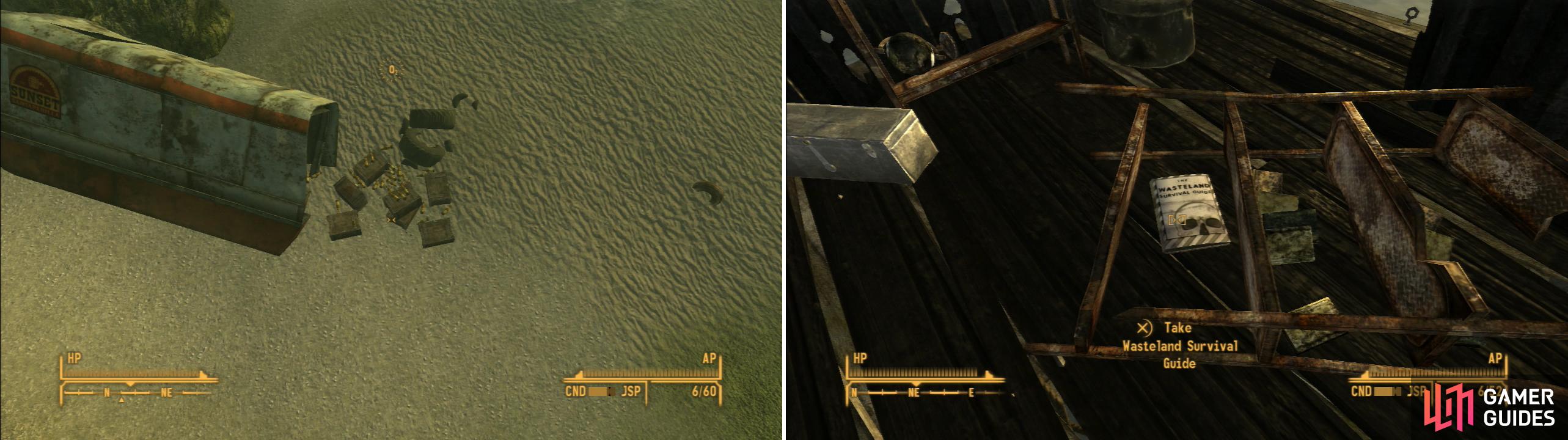 Near the Boulder Beach Campground you can find a submerged Sunset Sarsaparilla truck (left) the Lakelurk-infested Scavanger Platform is worth clearing, as a copy of the Wasteland Survival Guide rests upon it (right).