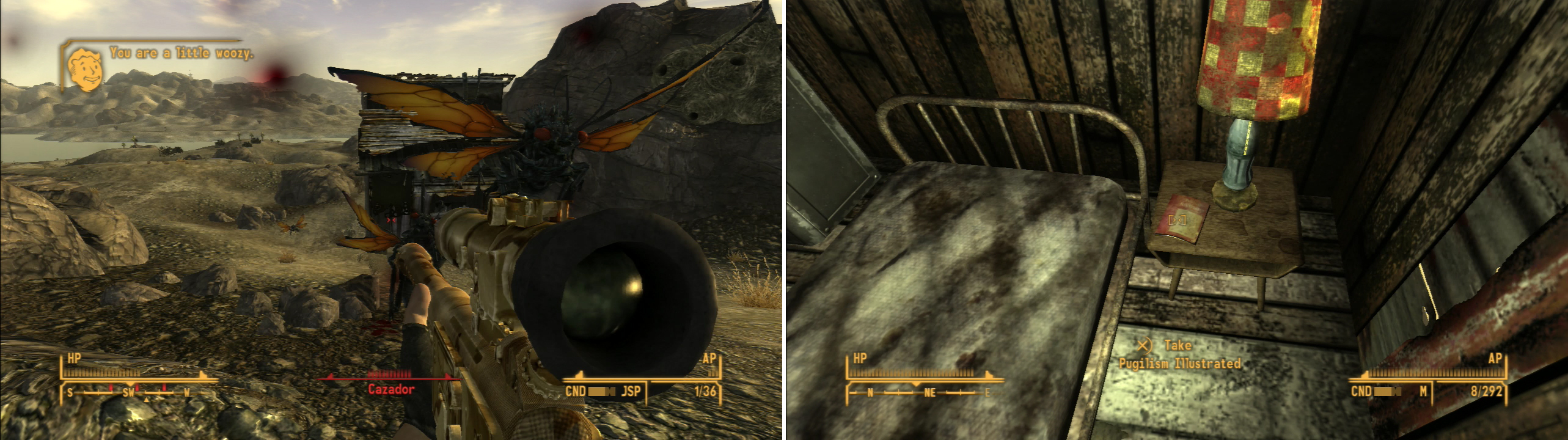 Be careful leaving the Cap Counterfeiting Shack, as Cazadores might show up to ruin your day (left). In the Fisherman’s Pride shack you’ll find a copy of Pugilism Illustrated (right).