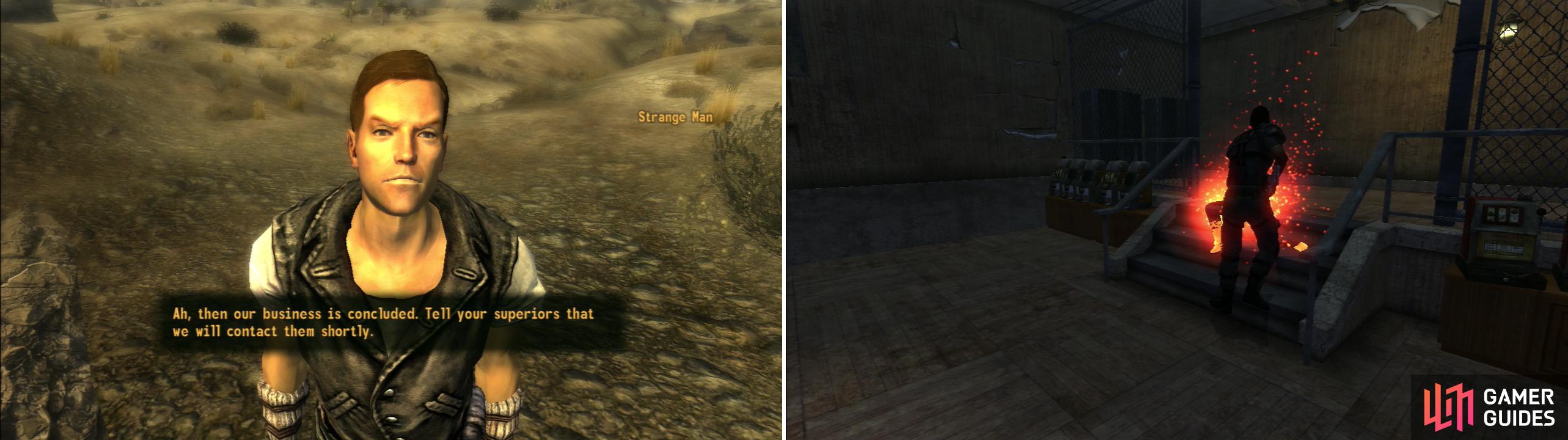 Meet with the “Strange Man” in the desert and deliver the Van Graff’s package (left). Bring Cass to Jean-Baptiste and he’ll make sure Cassidy Caravans is gone… for good (right).