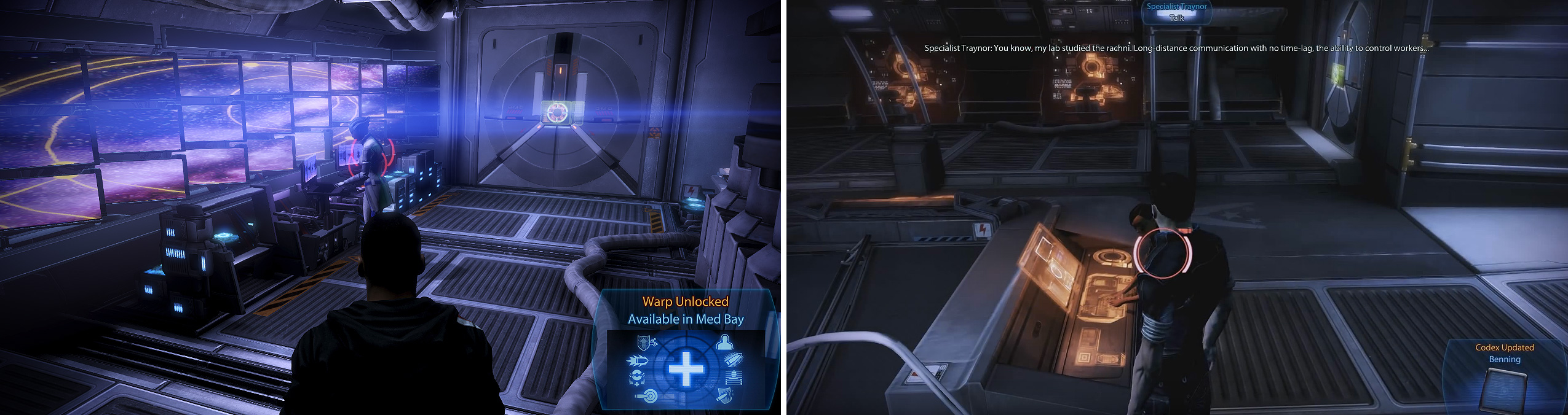 Remember to speak with your crew after every mission to unlock abilities and new dialogue (left). Traynor has another mission for you (right).