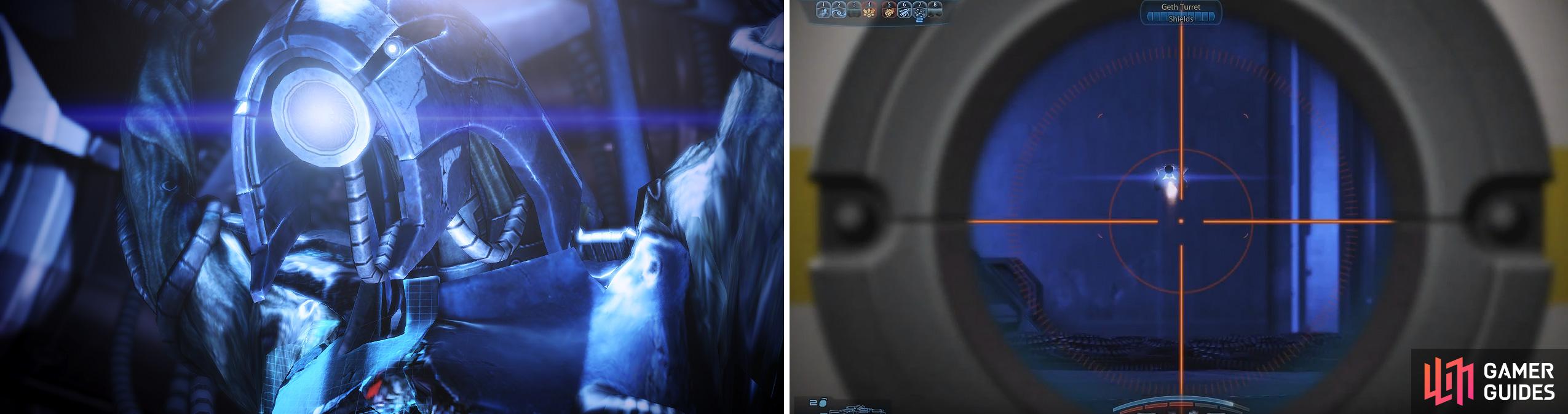 Follow the Geth VI through the rooms (left) but watch out for Primes and their turrets (right).