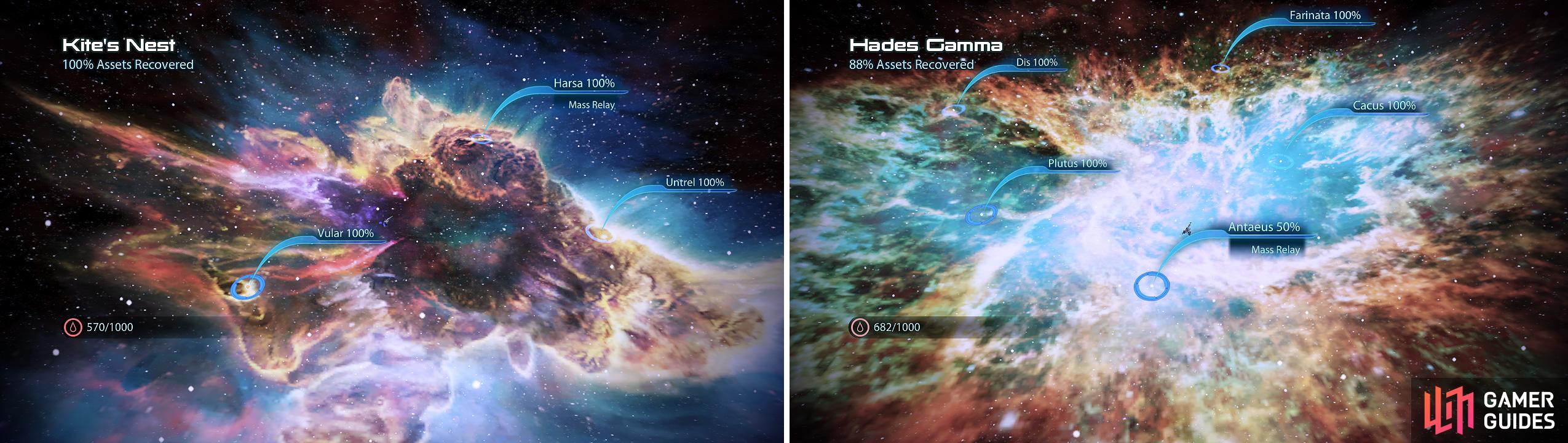 The Kite’s Nest is a large area, holding a plethora of things to uncover (left). The beautiful Hades Gamma is home to some new War Assets and quite a few Credits (right).