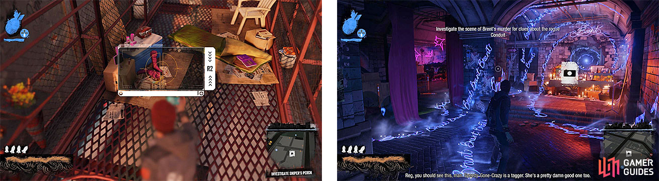 We get a look at the sniper’s nest (left), as well as what looks like a shrine of some sorts (right).