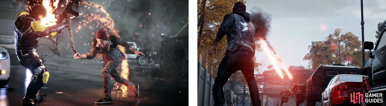 Delsin’s melee attack while using Smoke (left), and the regular Smoke Shot (right).