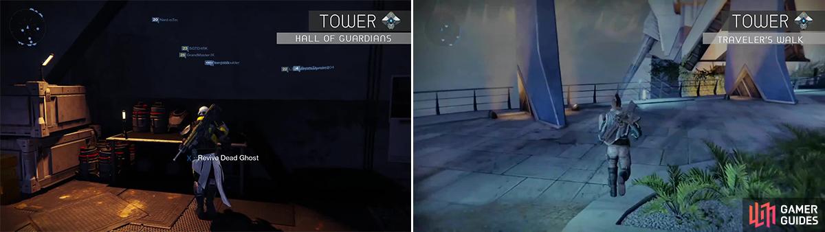 Near the Vanguards on a table right of where you enter is ghost 20 (left). During the Iron Banner Event, head to Traveller’s Walk and take ghost 21 from the railing (right).