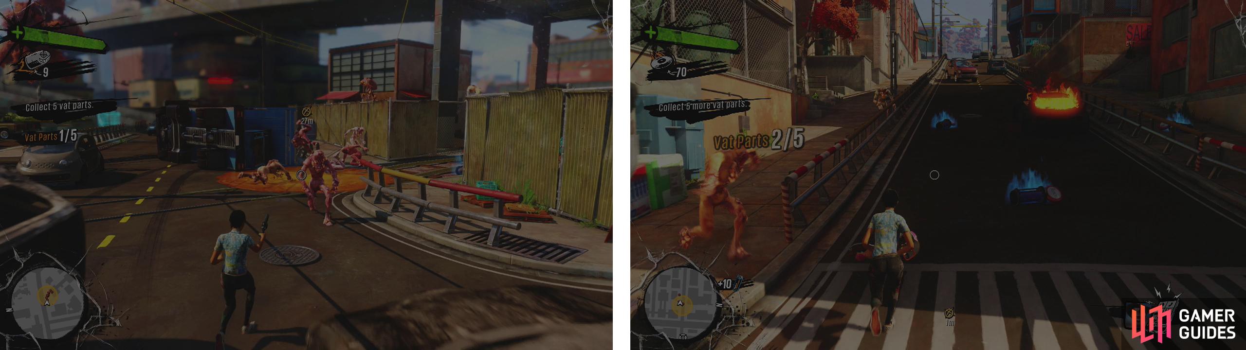 Find the Vat parts at the first crash site (left). Continue along the train tracks and loot a second crash site for more Vat Parts (right).