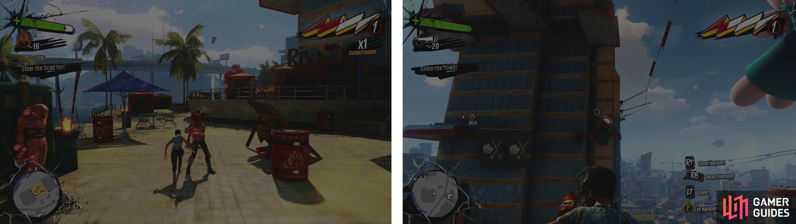Clear the base of the towers of Scabs (left) and then use the harpoon guns to start climbing (right).