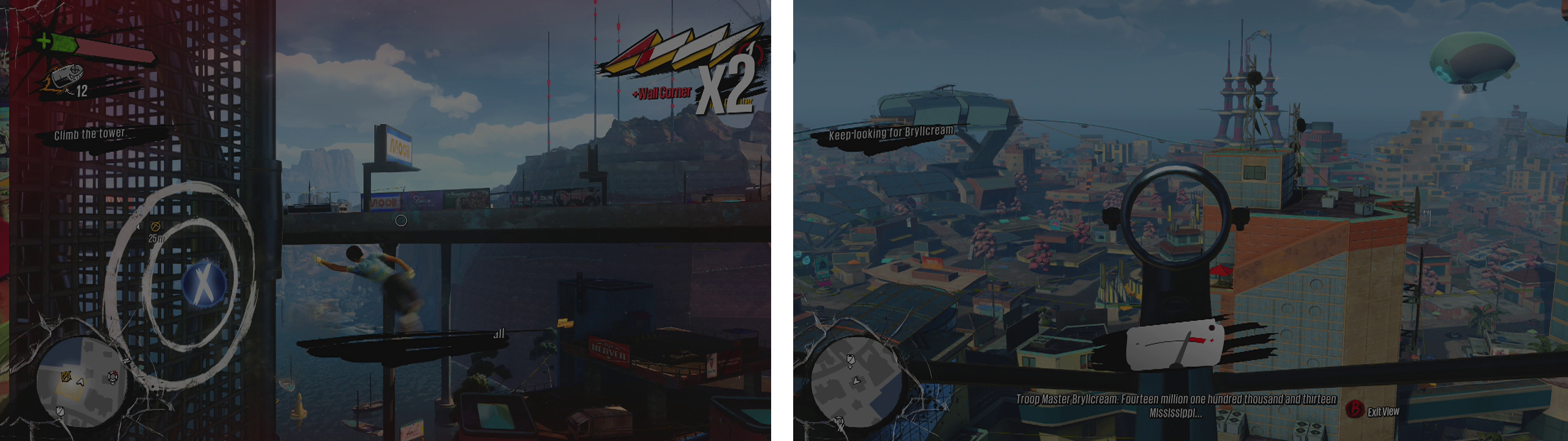Climb the building (left) and use the radar scope at the top (right) to locate Bryllcream.