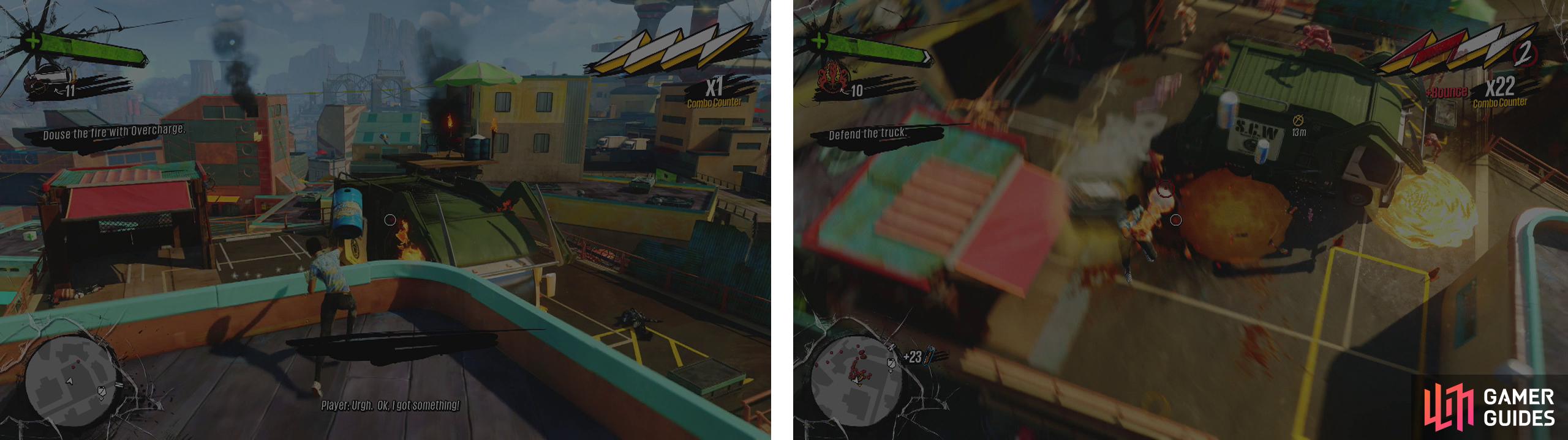 Throw the kegs of Overcharge to put out the fire (left). Then defend the truck against OD (right).
