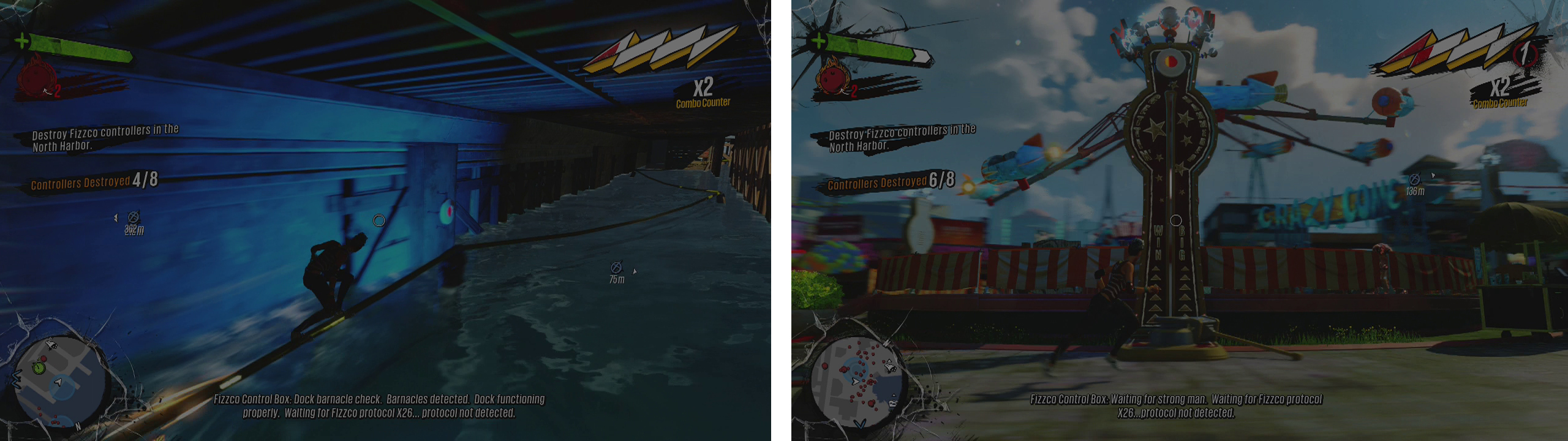 The fifth target (left) is a little tricky, find the rope leading under the dock to reach it. The seventh can be destroyed by dive boming the strength machine (right).