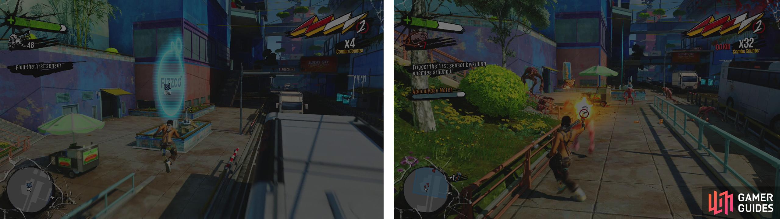 Interact with the sensor/s (left) and then kill enemies to build the Apocalypse meter (right).