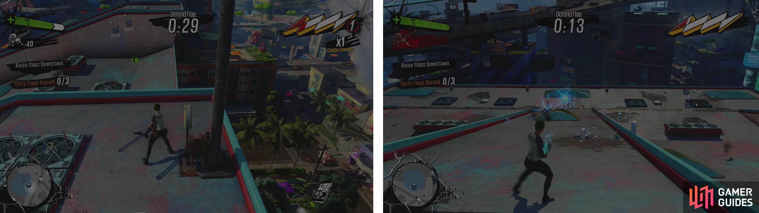 Head up and hit the lever by the flag (left). Then defend it against enemies for 30 seconds (right).