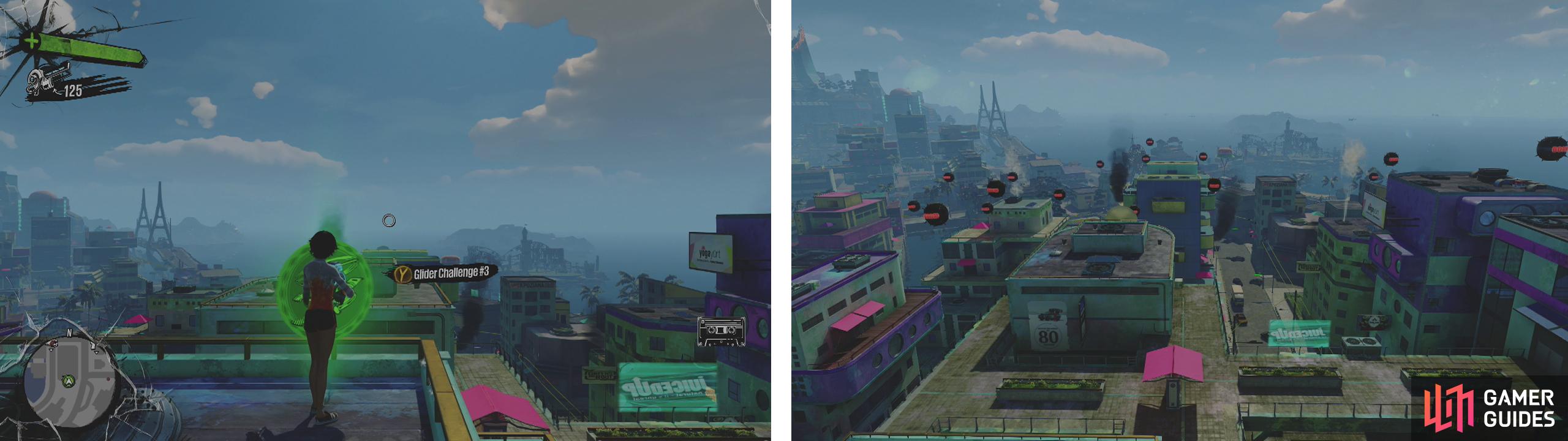 Start the mission here (left). Cut laps around the mission area whilst shooting down as many mines as you can (right).