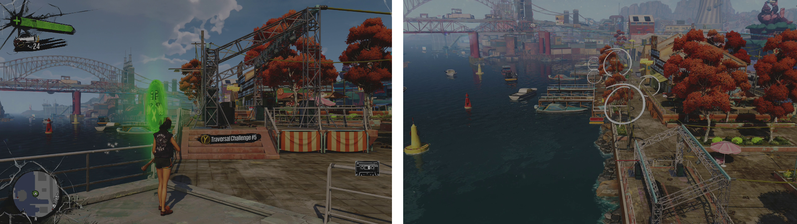 Start the challenge at the icon (left). We’ll have to grind, bounce and swing our way along the waterfront (right).