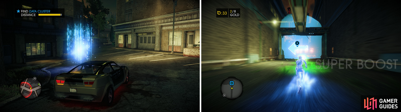 The clusters (left) are fairly easy to find, as long as you keep an eye out for the meter in the upper left. After purchasing your new Super Powers, you get the chance to try them out (right) in one of the game’s activities.
