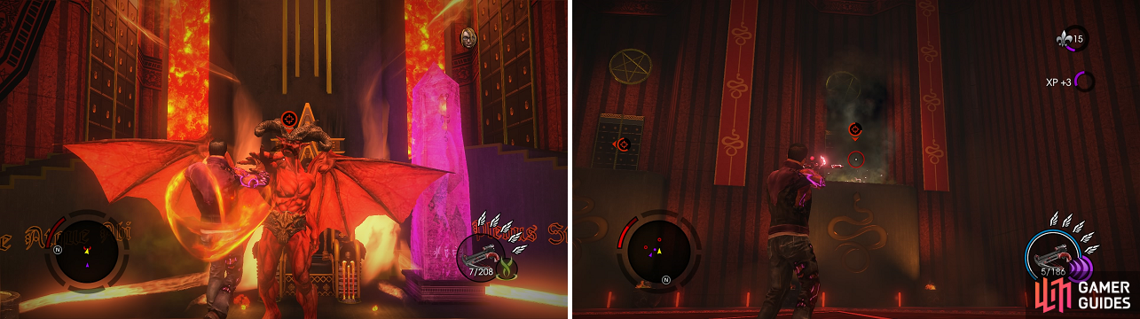 Satan’s telekinesis grab doesn’t seem like it can be dodged (left), so just accept it. Once you deal enough damage, he will hide amongst some clouds (right), so keep shooting them until he appears on his throne.