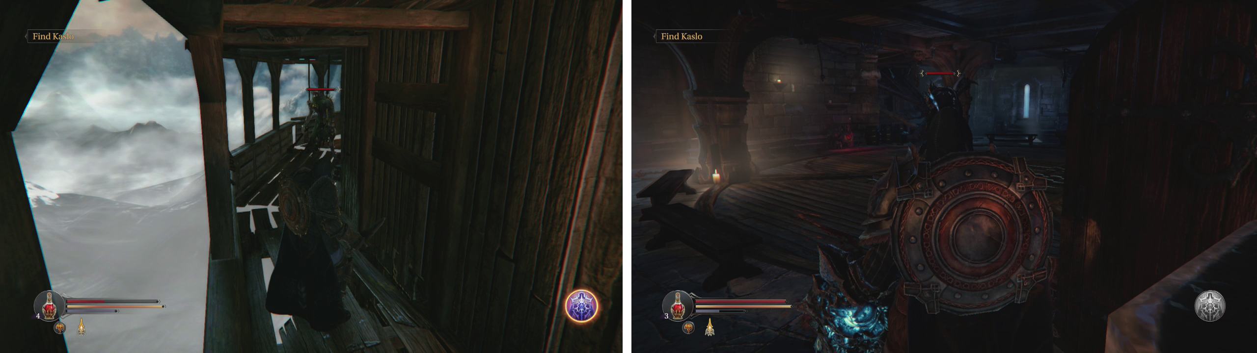 At the end of the wooden walkway loot the chest (left) before entering the North Watchtower and climbing to the top to find Yetka’s Dagger guarded by a Maruader (right).