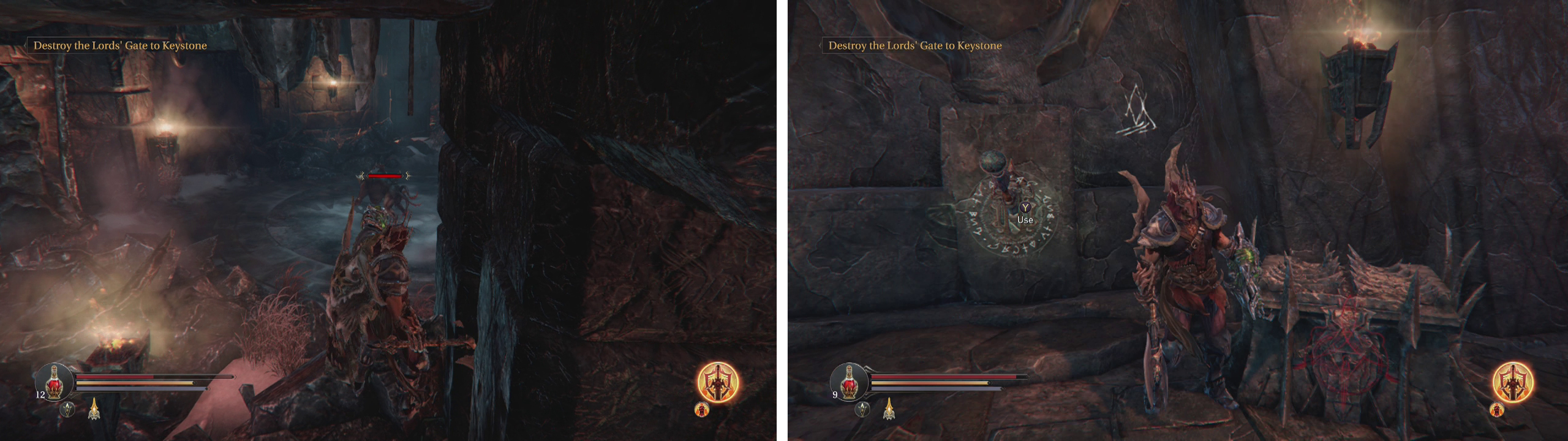 In the Western Antechamber you’ll find your first Demon Hounds (left). Enter the door beneath the entrance to find a lever (right).