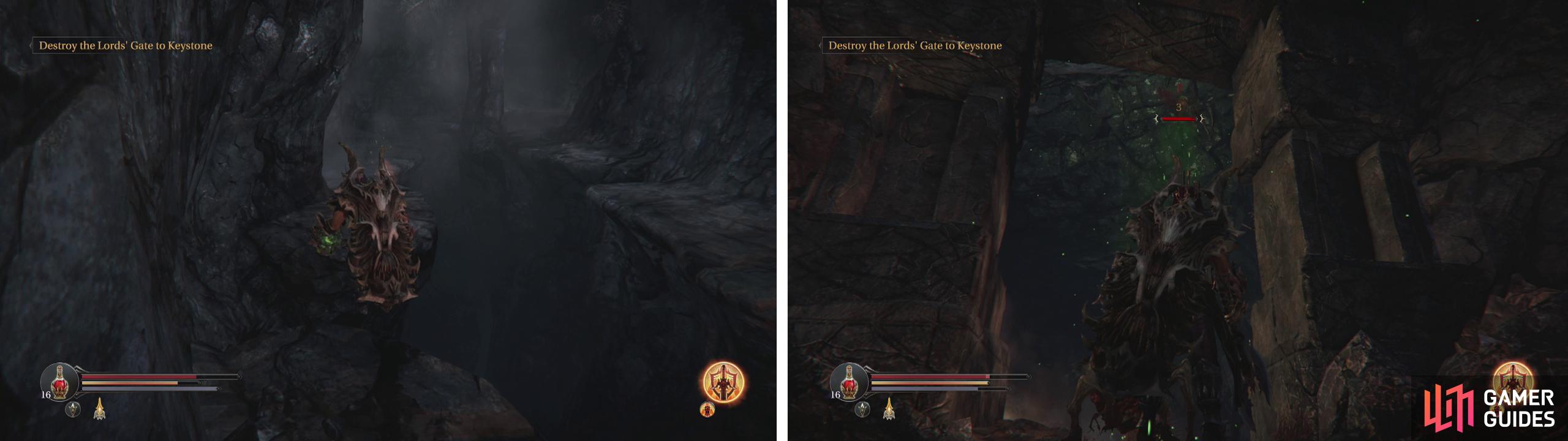 Enter the cave (left) and kill the Spiders at the back (right)