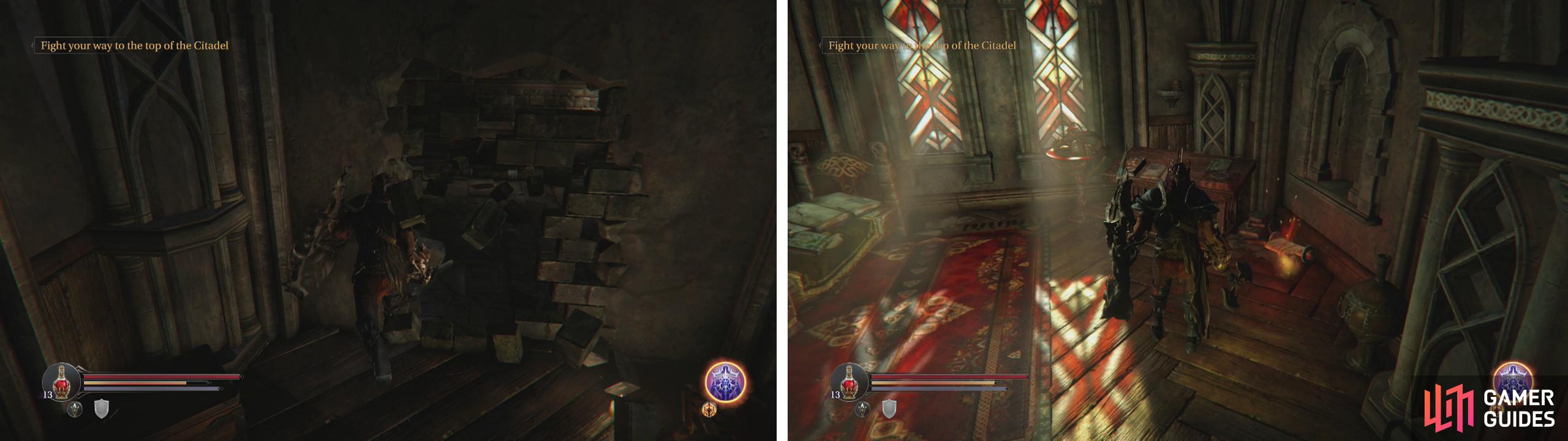 Look in the right hand room for a breakable wall containing a chest (left) and in the left you’ll find an Audio Note (right).