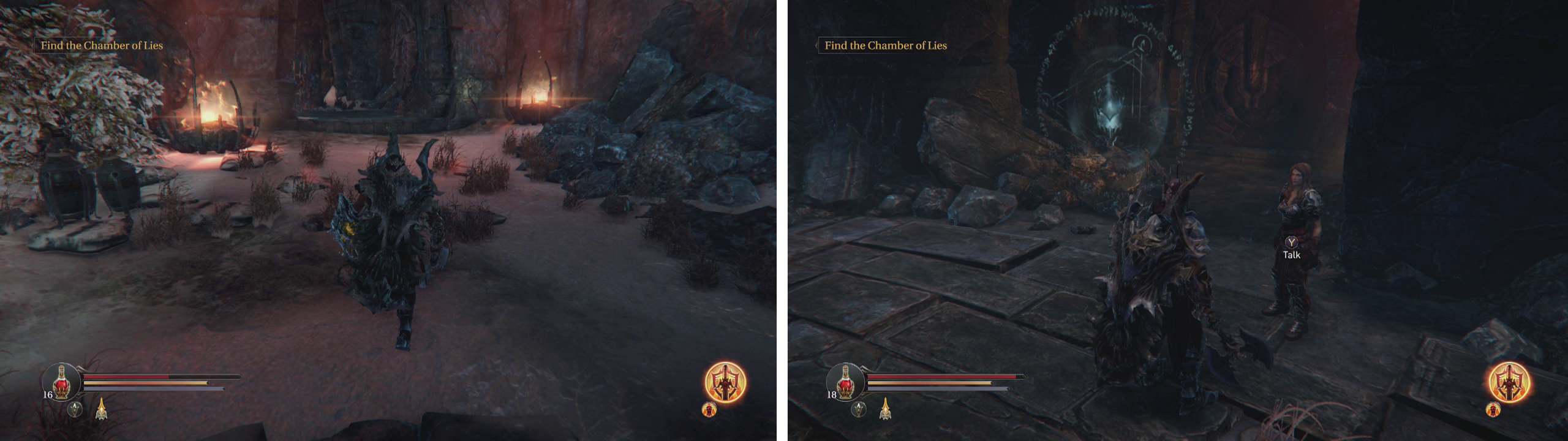 Re-enter the Rhogar Temple (left) and head for the Infiltrator’s area to find Yetka (right).