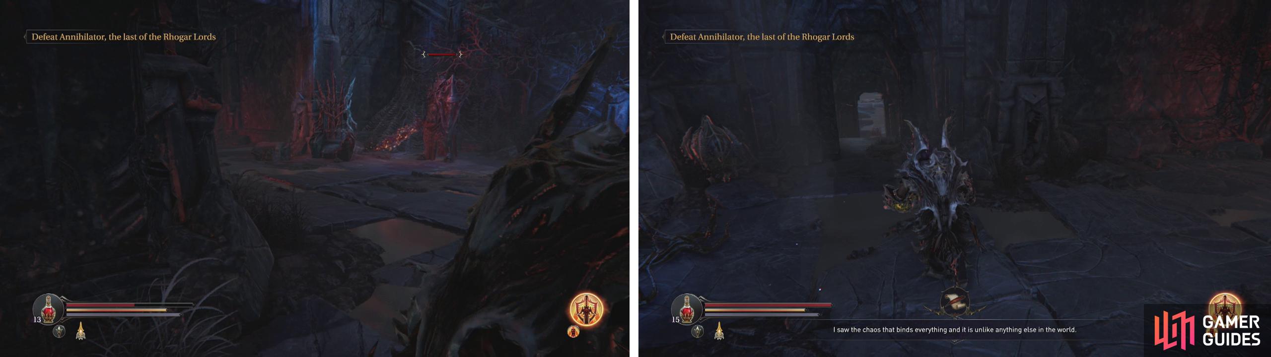 Fight off the Warden (left) and then grab the Tyrant’s Heart from the urn near the door (right).