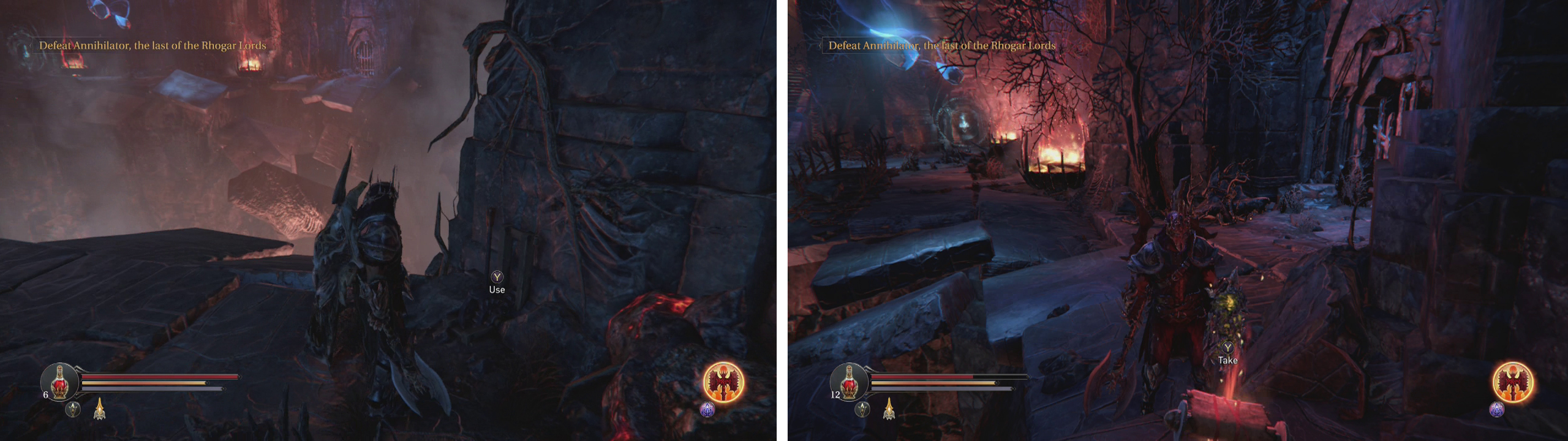 Pull the lever on the South Edge of the abyss room (left) to open the locked gate on the North side of the room (right). Inside is the Staff’s Head quest item.