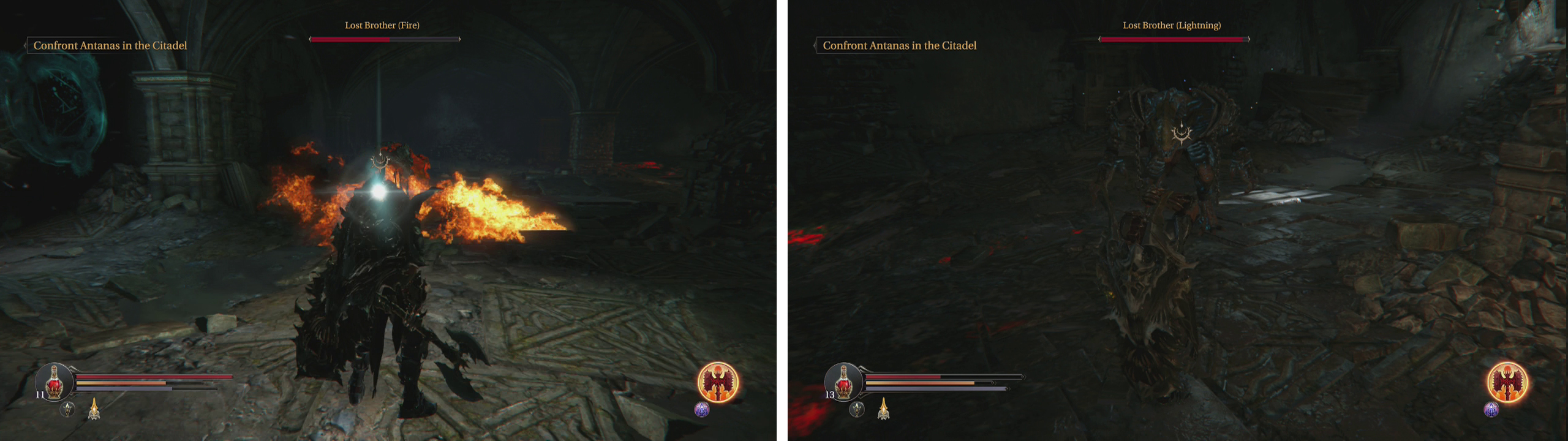 The fire breath is the Fire Brother’s biggest opportunity for a melee attack (left) whilst the Lightning Brother acts more like a regular melee enemy (right).