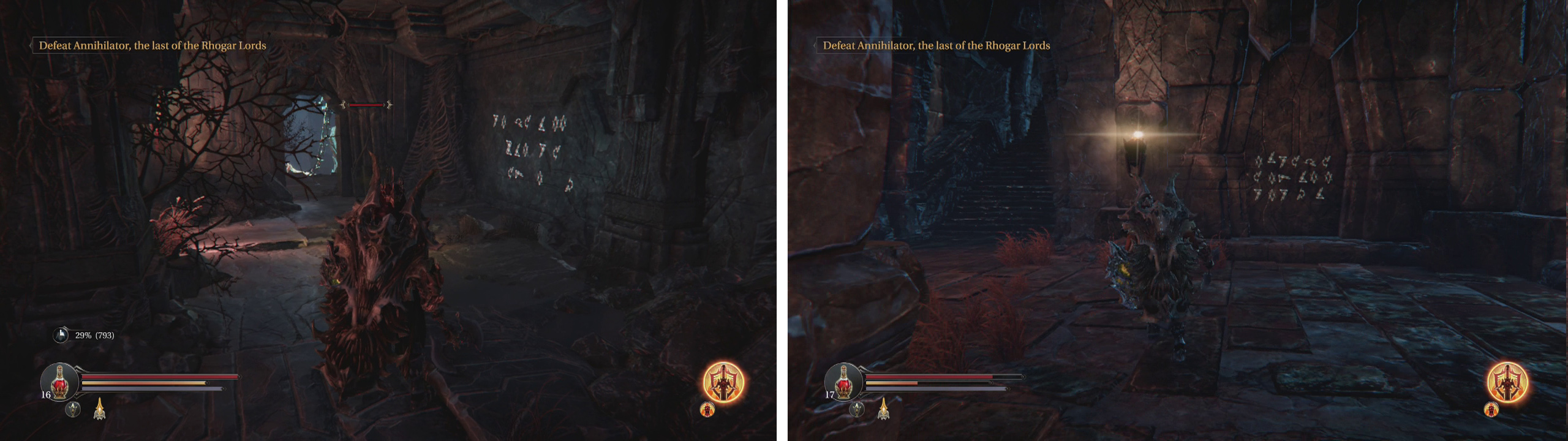 One of the Runic Inscriptions in the Chamber of Lies (left) and at an exit to the Infiltrator’s boss fight arena (right).