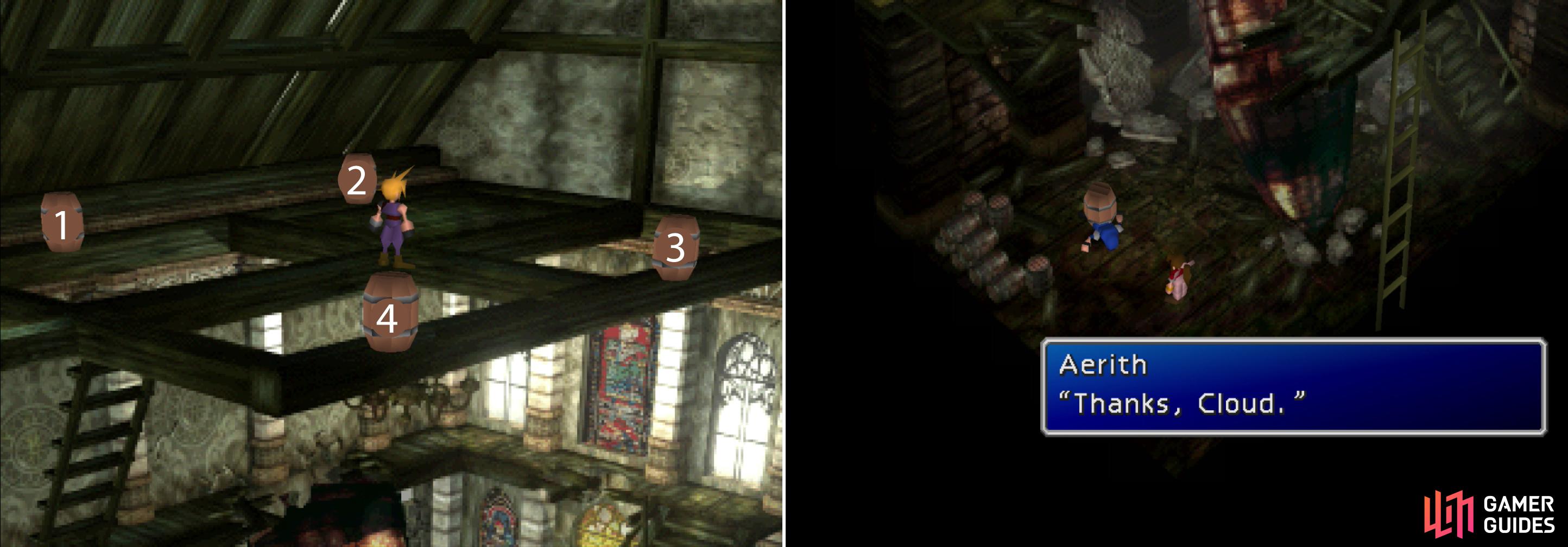 Push the barrels over in the correct order to thwart Shinra’s pursuit (left) and earn Aeris’s gratitude (right).