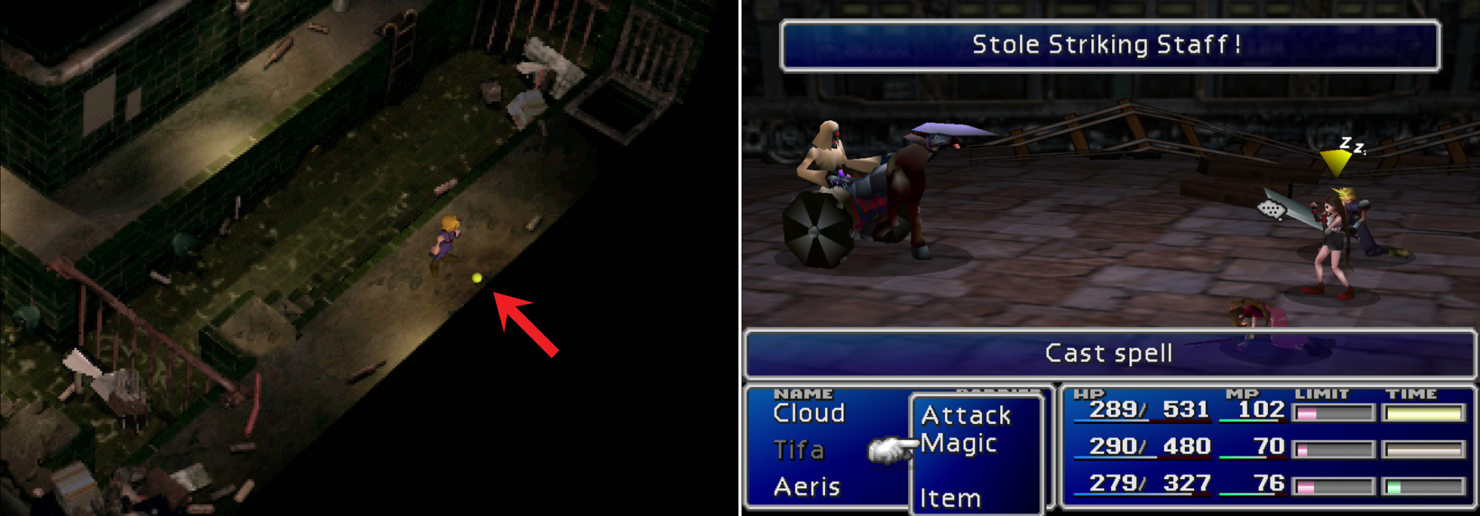 Pick up the Steal Materia before leaving the sewers (left). You can steal a Striking Staff from Eligor enemies in the Train Graveyard (right).