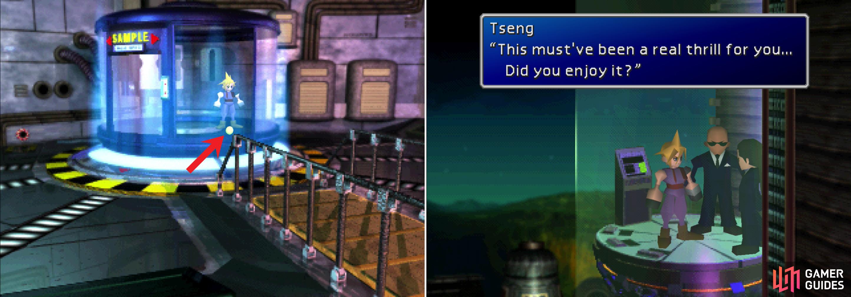 Be sure to grab the Enemy Skill Materia! You see that big red arrow there? I did that just for you! Grab it! (left). Your trip further up the building will side-tracked by an unwelcome visit by the Turks (right).